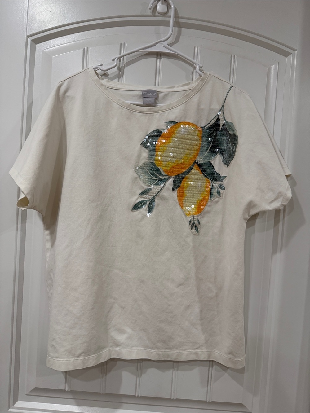 Chico's Cream Tee with Yellow Lemon Sequin Motif